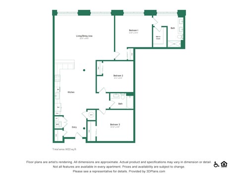Floor plan for 3 beds, 2 baths, 1622 sqft
